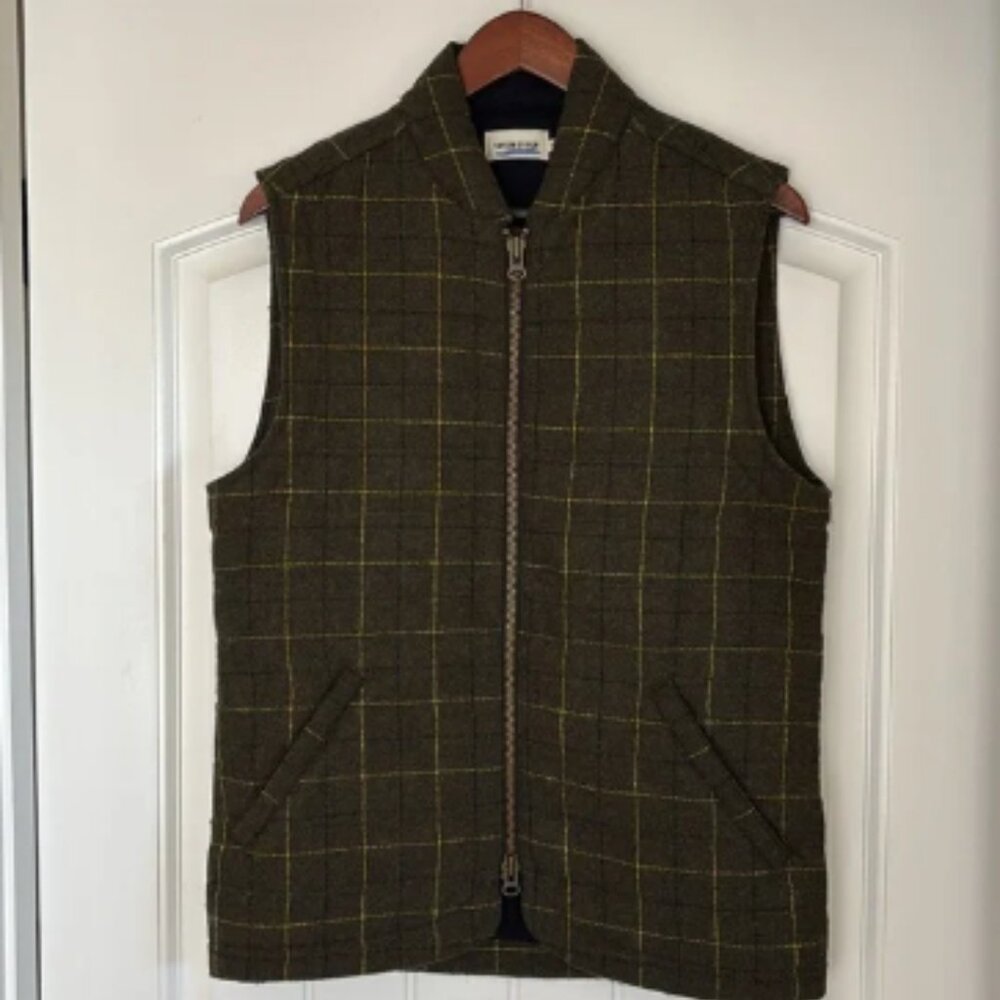 Rare Taylor Stitch Vertical Olive Green Plaid Wool Quilted Full Zip Vest Mens 38